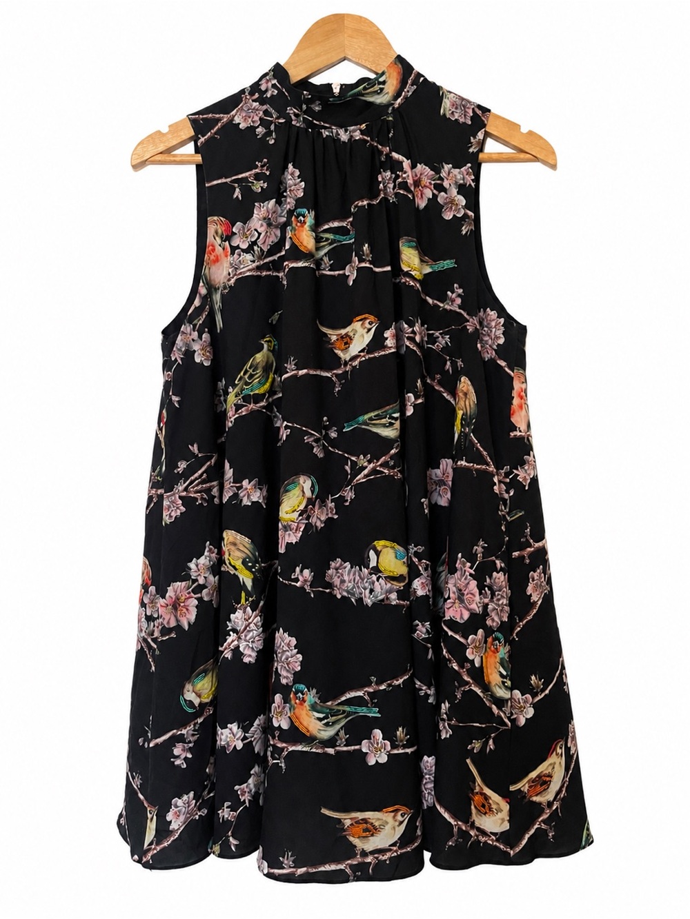 Ted Baker Bird Blossom Print Swing Dress Size 2 Black Mock Neck Beaded